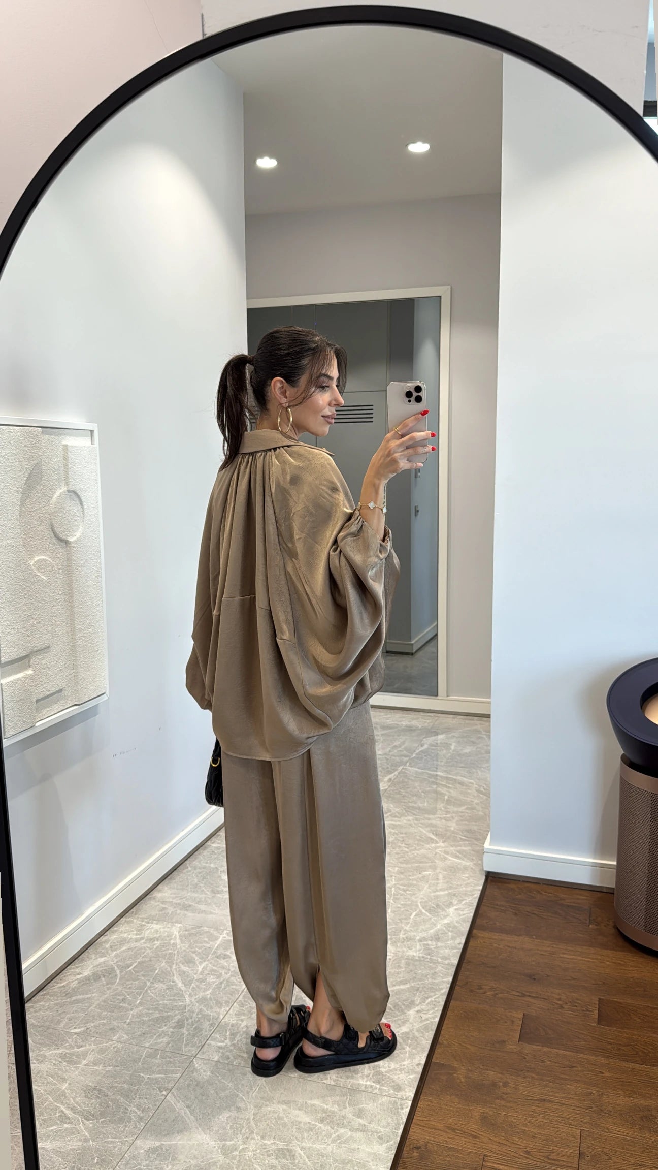 Satin Bomber Jacket and Pants Set Beige