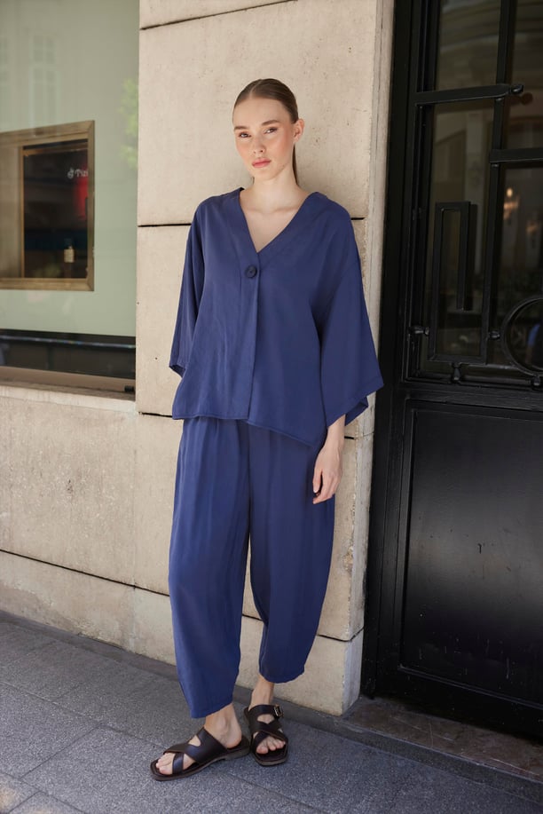 Navy Luxe Tencel Co-Ord — Single-Button Top & Tapered Pants