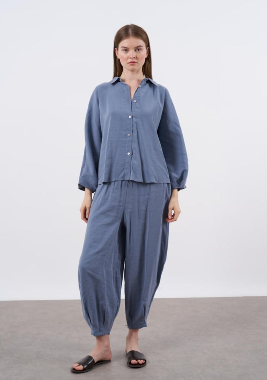 Dusty Blue Luxe Tencel Co-Ord — Relaxed Balloon Pants & Button-Down Top