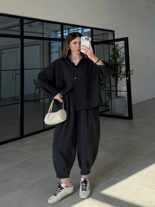 Black Luxe Tencel Co-Ord — Relaxed Balloon Pants & Button-Down Top