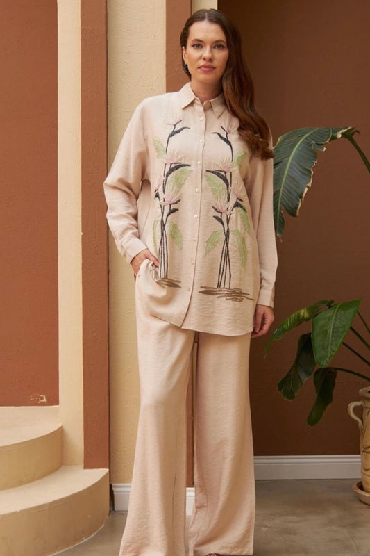 Beige Floral Embroidery Shirt & Long Pants Co-Ord