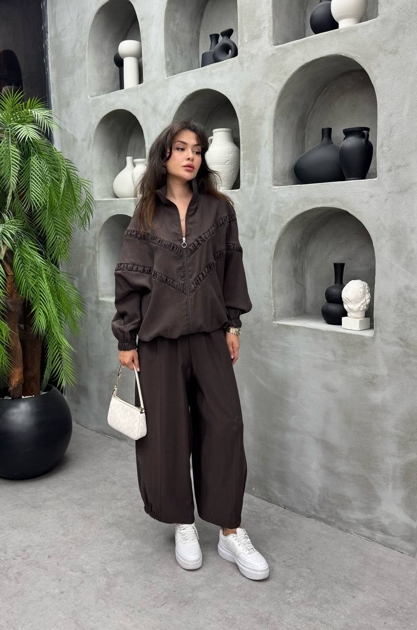 Tencel Ruffle Seam Co-Ord Set Brown
