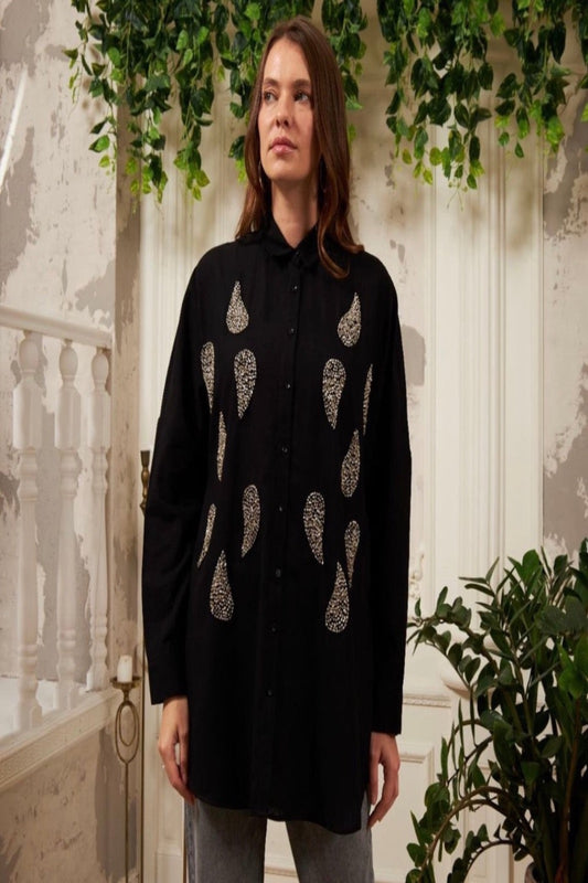 Black Cotton Beaded Teardrop Design Shirt