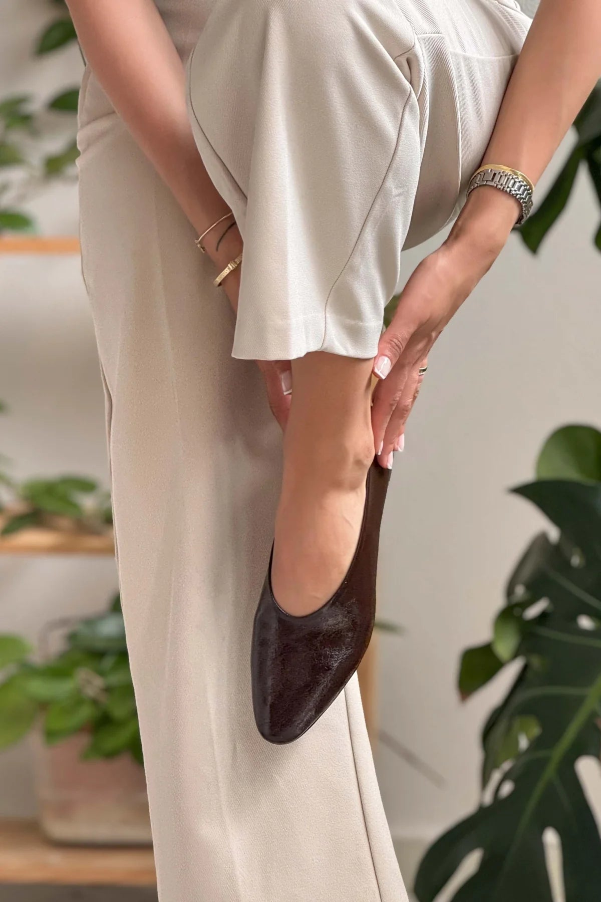 MILA Brown Crinkled Matte Finish Flat Ballerina Shoes