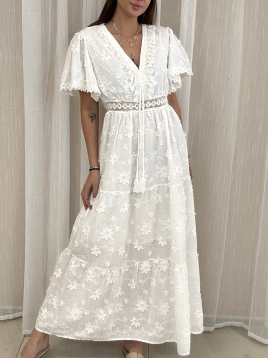White Cut-Out Floral Cotton Maxi Dress
