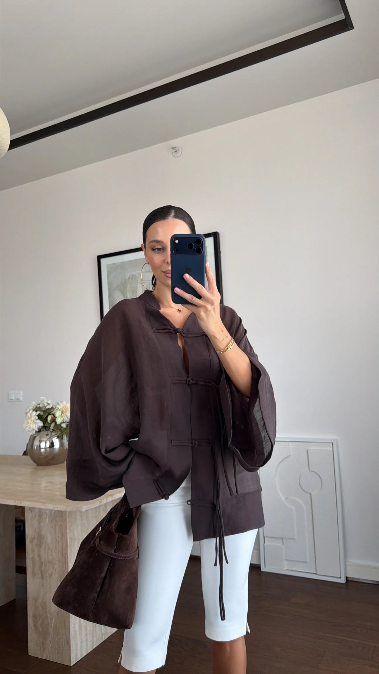 Mandarin Tencel Shirt Brown - STD Size