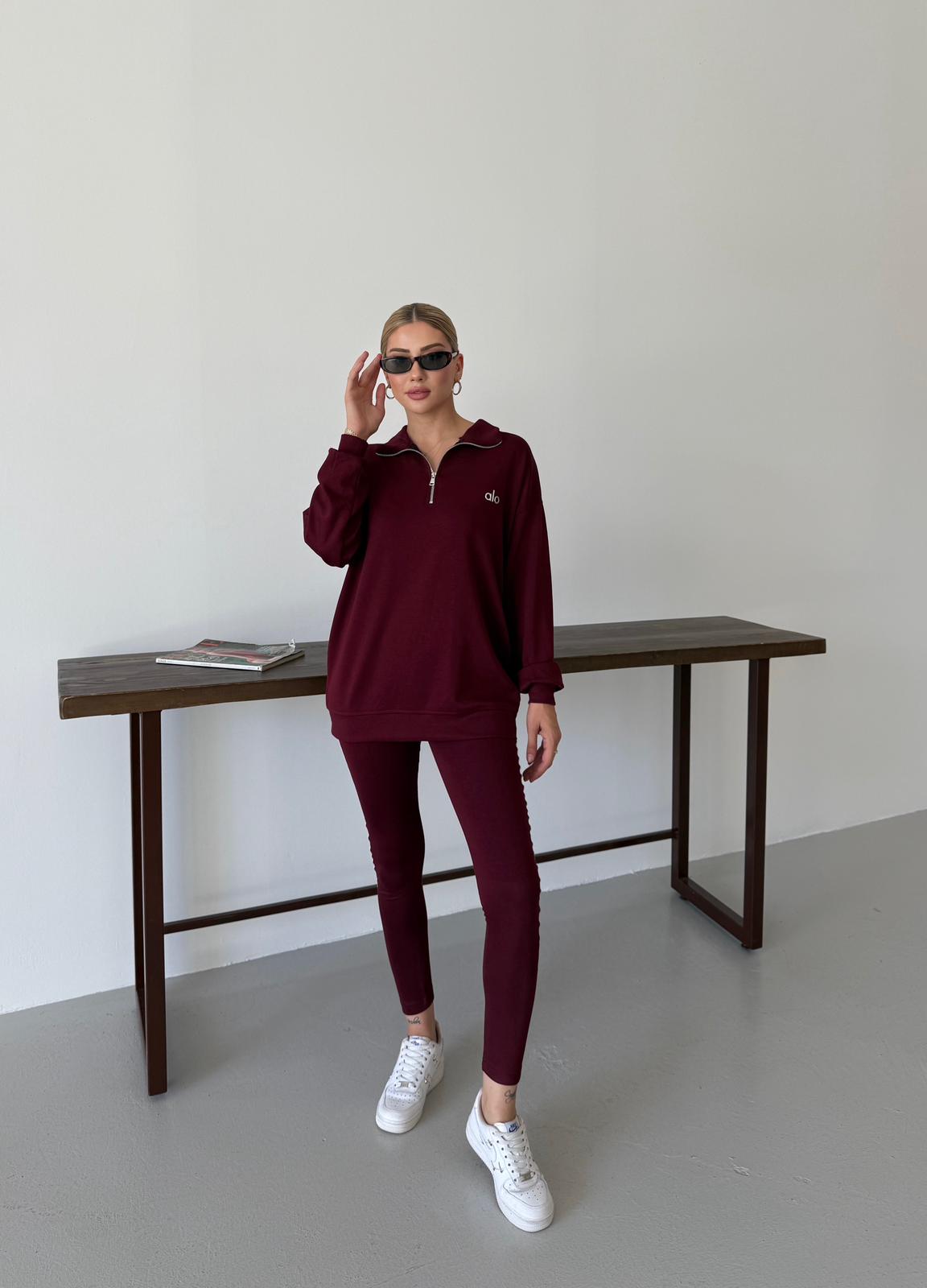 Long Sleeve Zip Top + Matching Tights - Burgundry