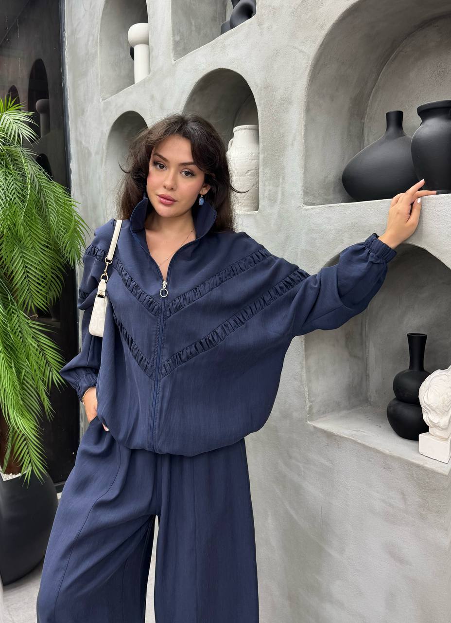 Tencel Ruffle Seam Co-Ord Set Navy