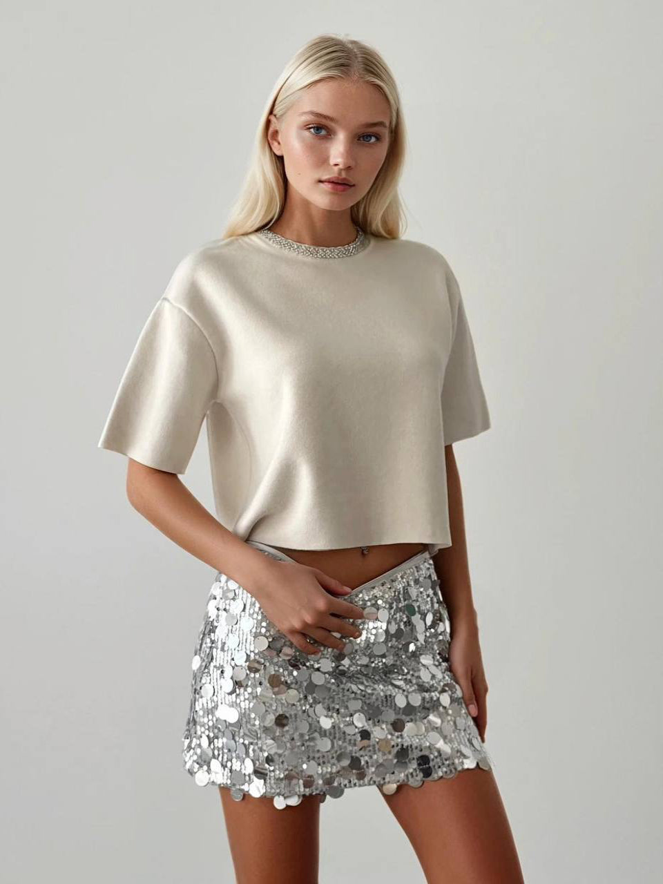 Studded Neckline Knit Cream