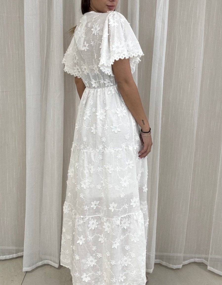 White Cut-Out Floral Cotton Maxi Dress