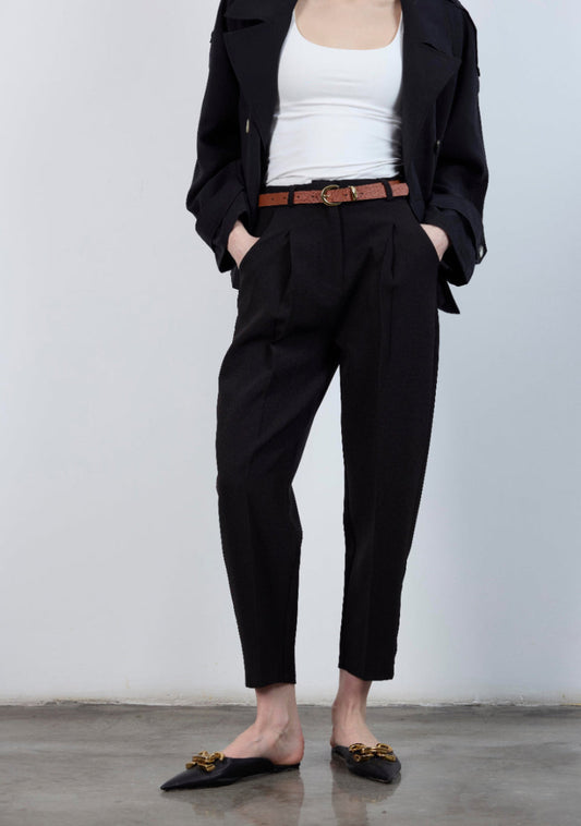 High-Waisted Belted Carrot Pants Black