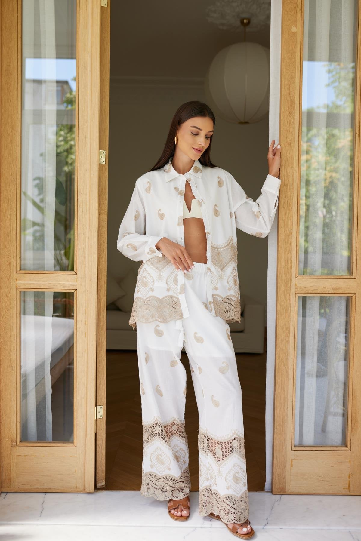 Ecru Lace & Embroidery Detail Shirt & Pants Set