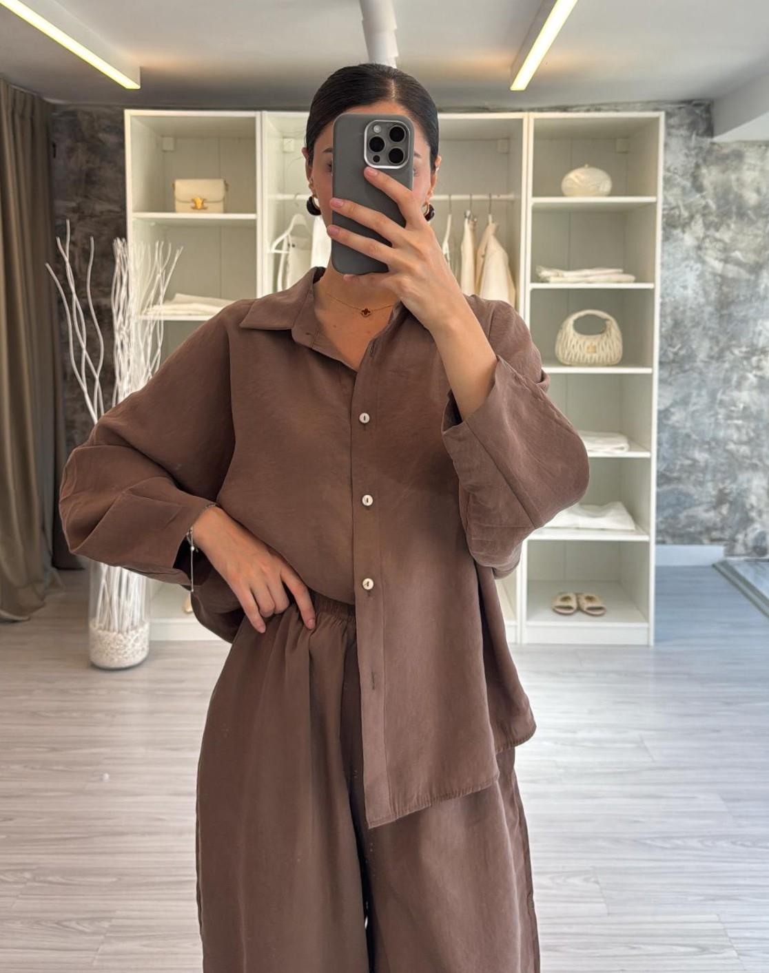 Coffee Luxe Tencel Co-Ord — Relaxed Balloon Pants & Button-Down Top