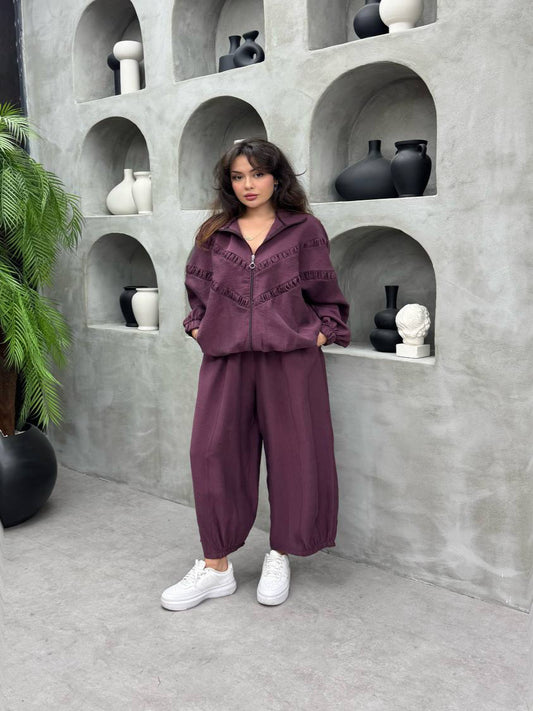Tencel Ruffle Seam Co-Ord Set Burgundy