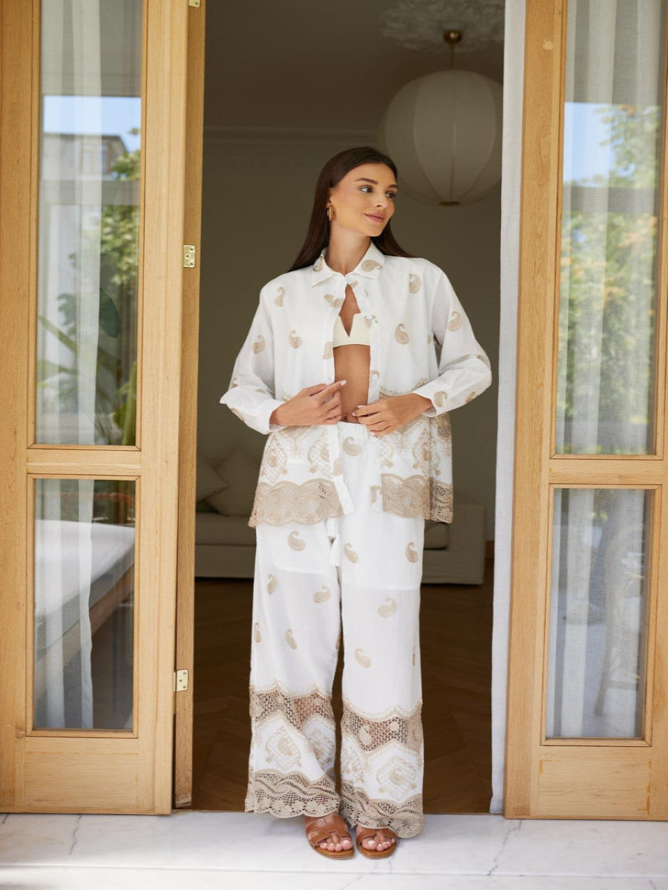 Ecru Lace & Embroidery Detail Shirt & Pants Set