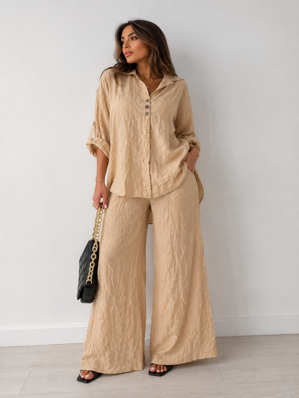 Crinkle Wide-Leg Set Beige
