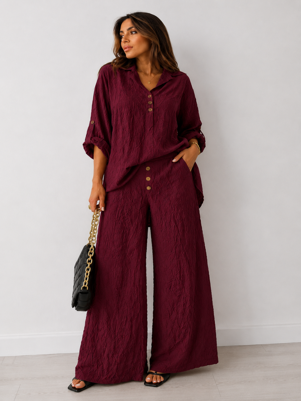 Crinkle Wide-Leg Set Burgundy