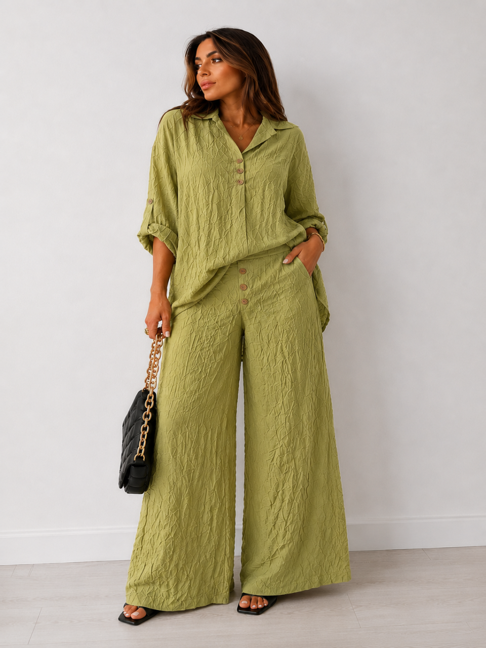 Crinkle Wide-Leg Set Green