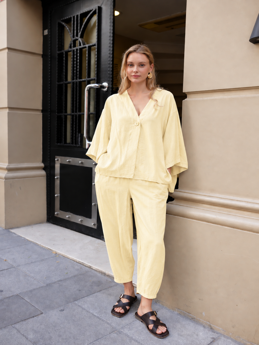 Butter Yellow Luxe Tencel Co-Ord — Single-Button Top & Tapered Pants