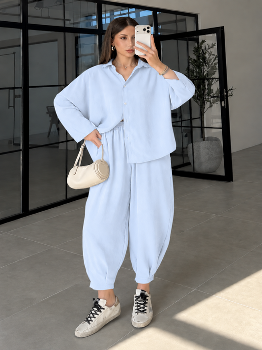 Baby Blue Luxe Tencel Co-Ord — Relaxed Balloon Pants & Button-Down Top