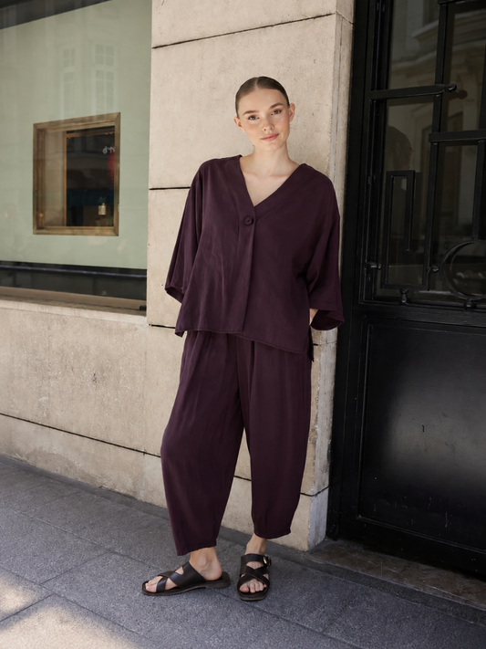 Burgundy Luxe Tencel Co-Ord — Single-Button Top & Tapered Pants