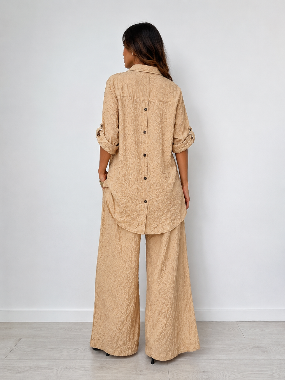 Crinkle Wide-Leg Set Beige
