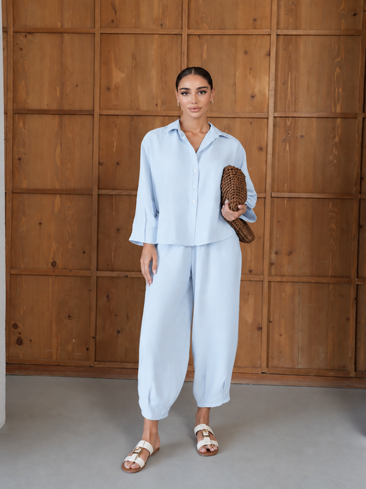 Baby Blue Luxe Tencel Co-Ord — Relaxed Balloon Pants & Button-Down Top