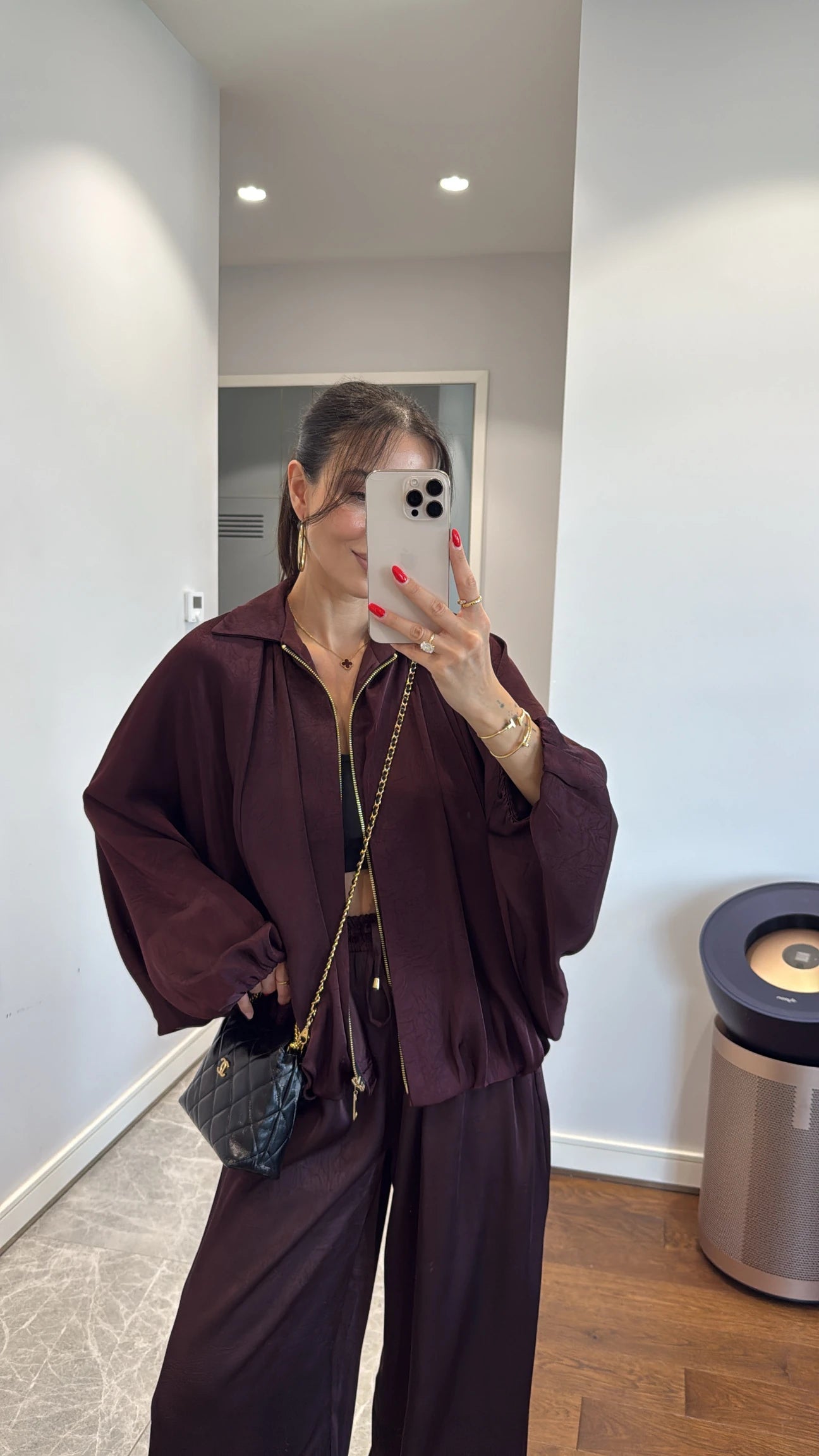 Satin Bomber Jacket and Pants Set Burgundy