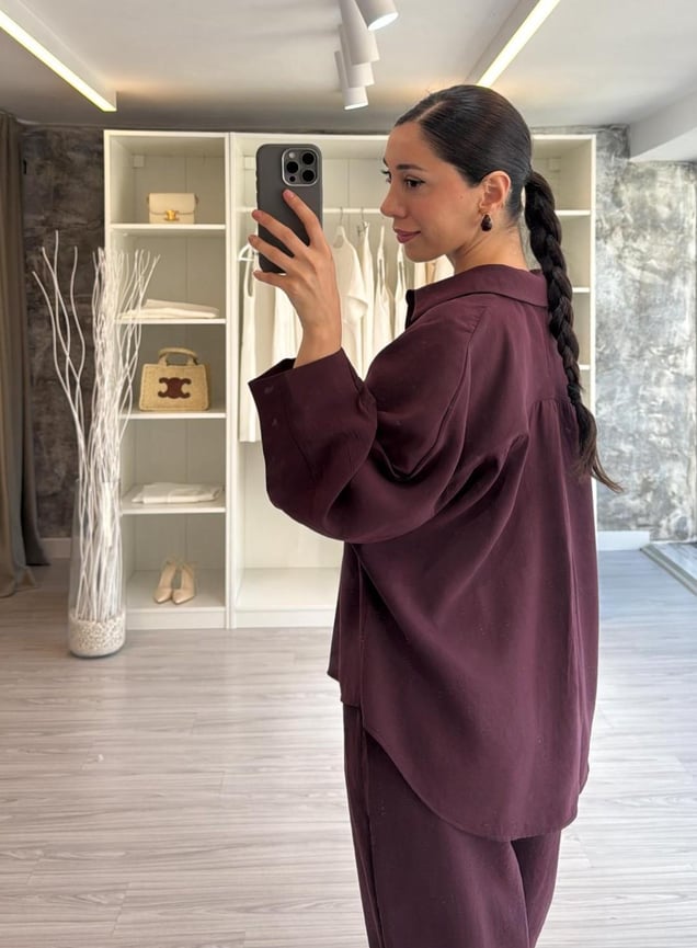 Burgundry Luxe Tencel Co-Ord — Relaxed Balloon Pants & Button-Down Top