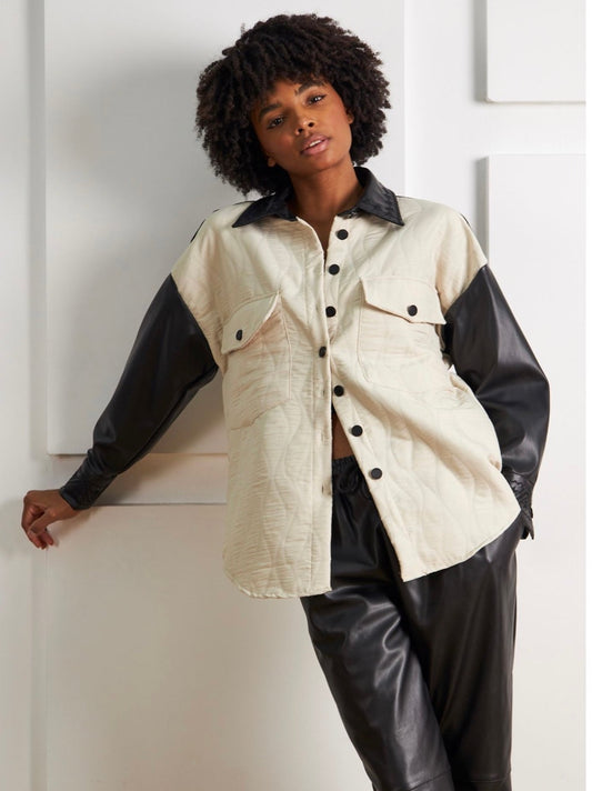 Leather Detail Cream Shirt Jacket