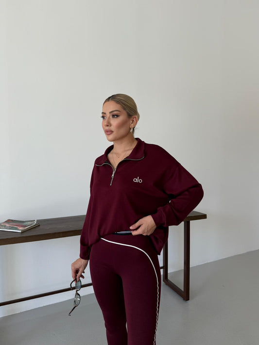 Long Sleeve Zip Top + Matching Tights - Burgundry