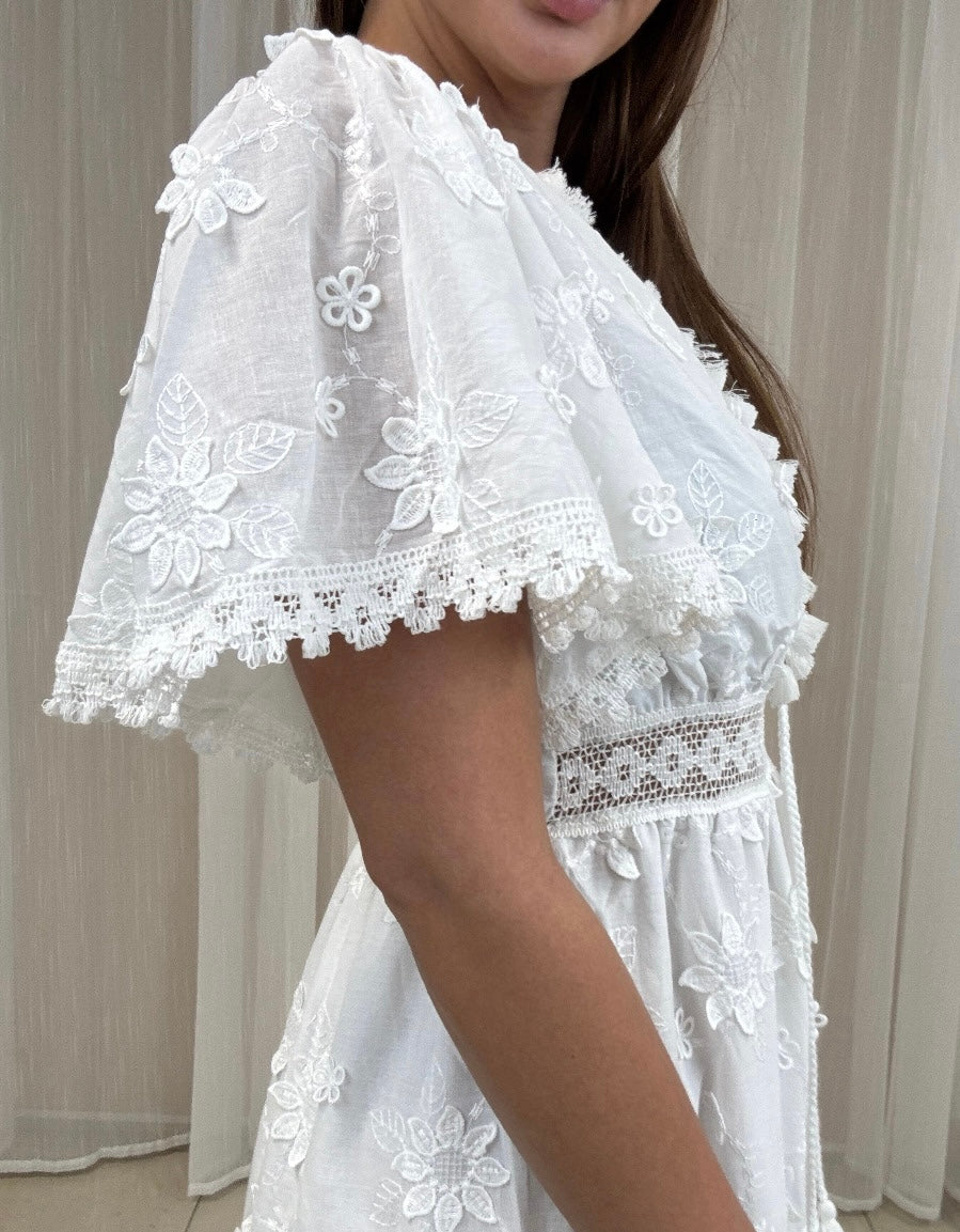 White Cut-Out Floral Cotton Maxi Dress