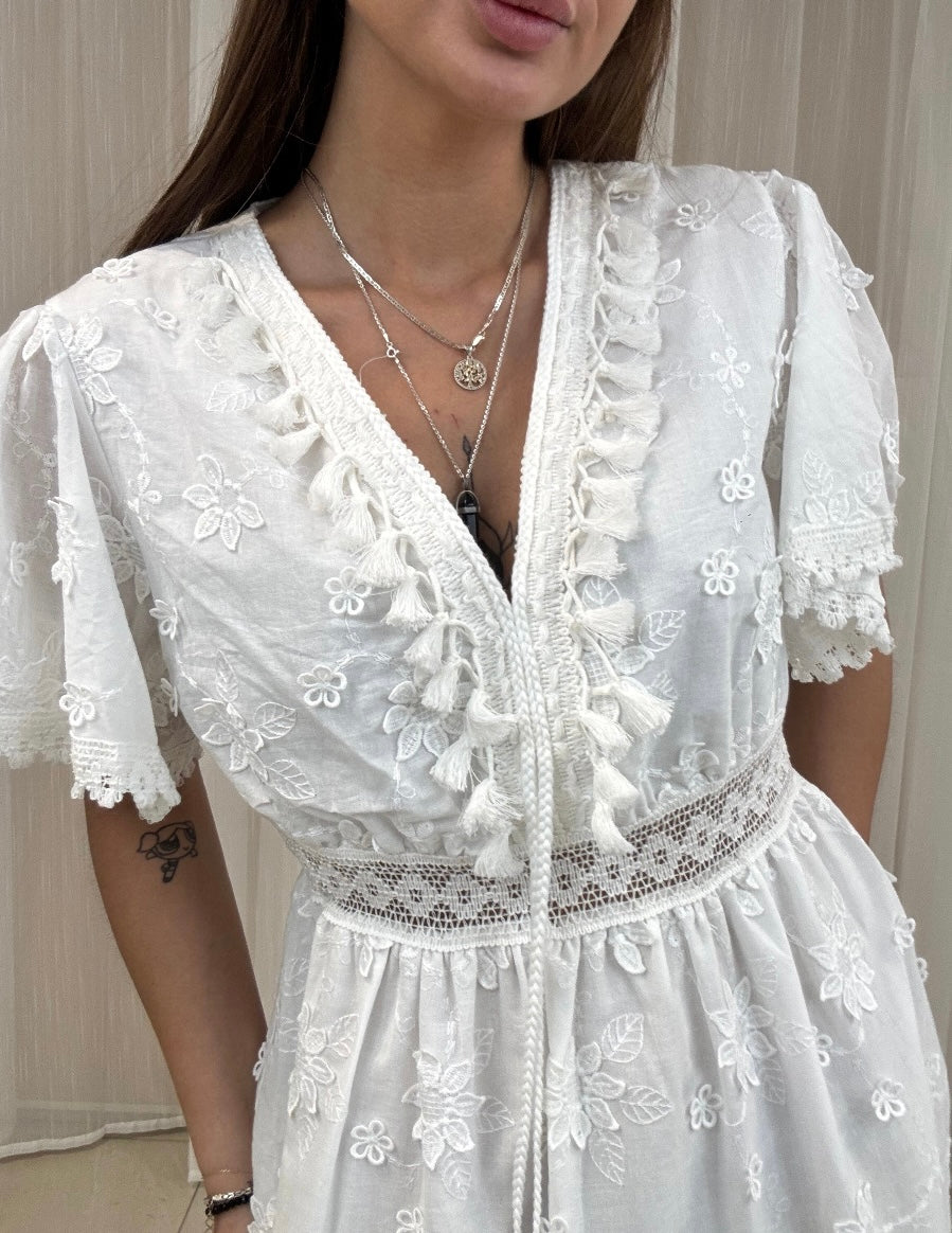 White Cut-Out Floral Cotton Maxi Dress
