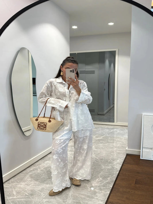White Floral Appliqué Shirt & Pants Set