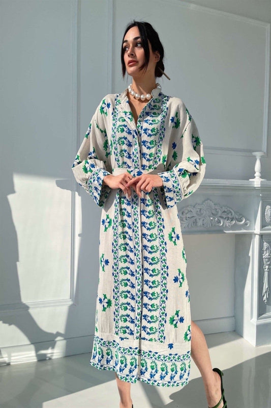 Ethnic Print Tie Button Down Dress