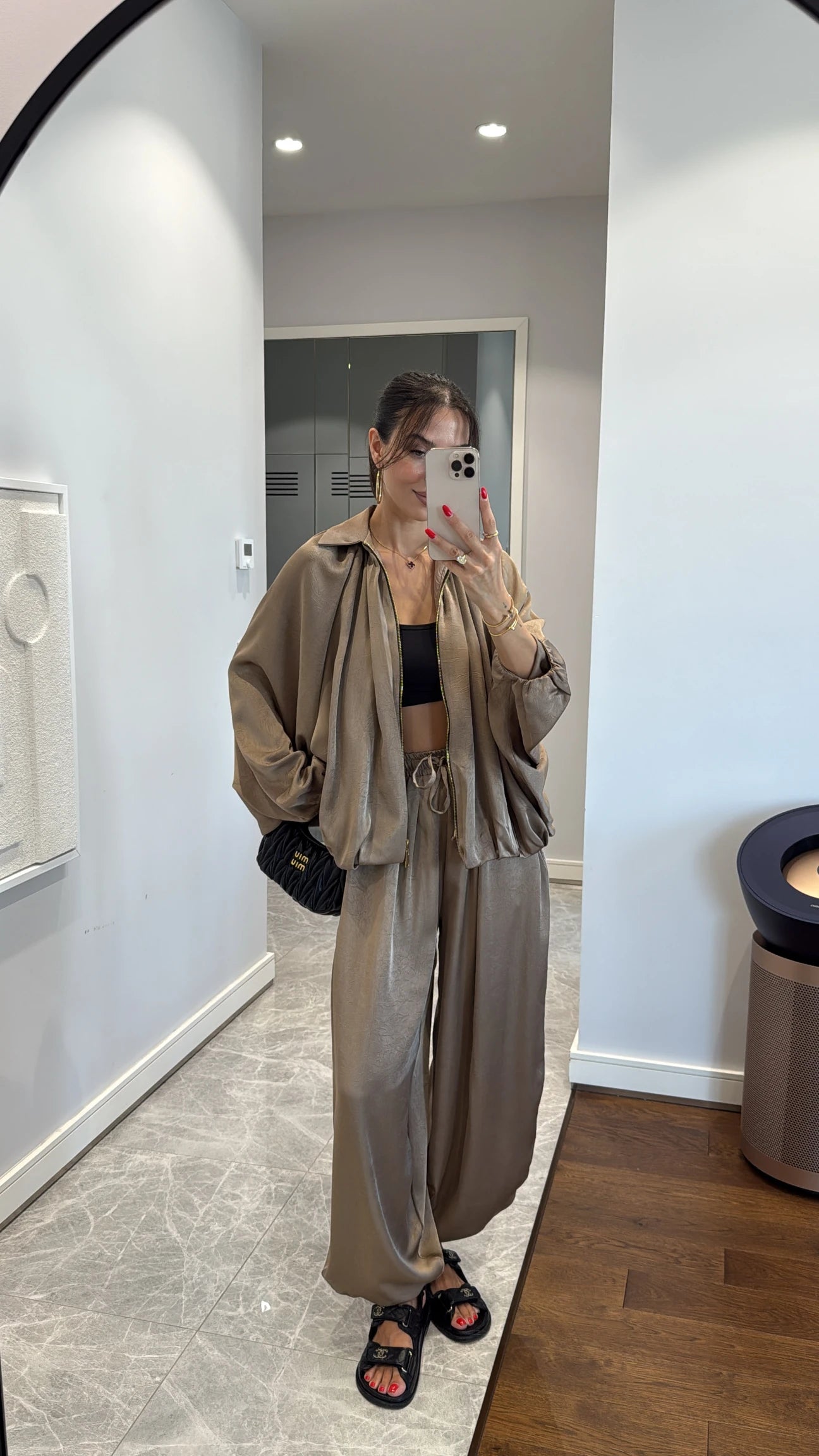 Satin Bomber Jacket and Pants Set Beige