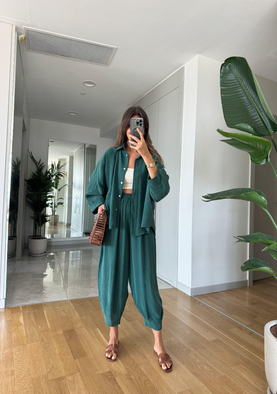 Emerald Luxe Tencel Co-Ord — Relaxed Balloon Pants & Button-Down Top