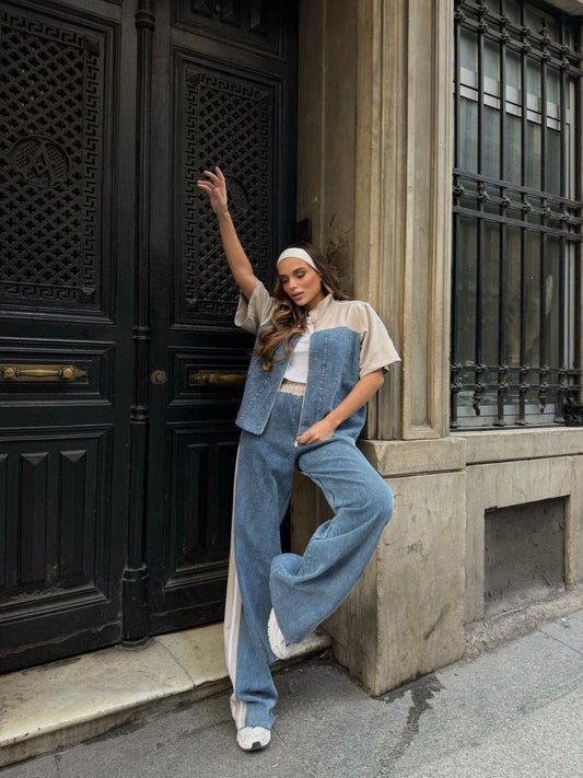 Sporty Denim–Cotton Co‑Ord Set Nude