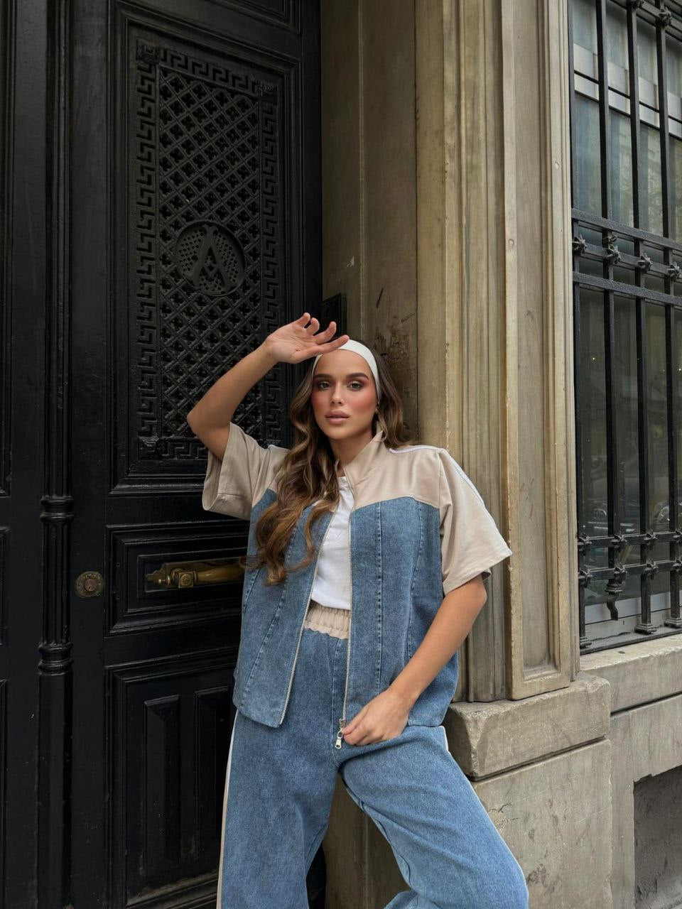 Sporty Denim–Cotton Co‑Ord Set Nude