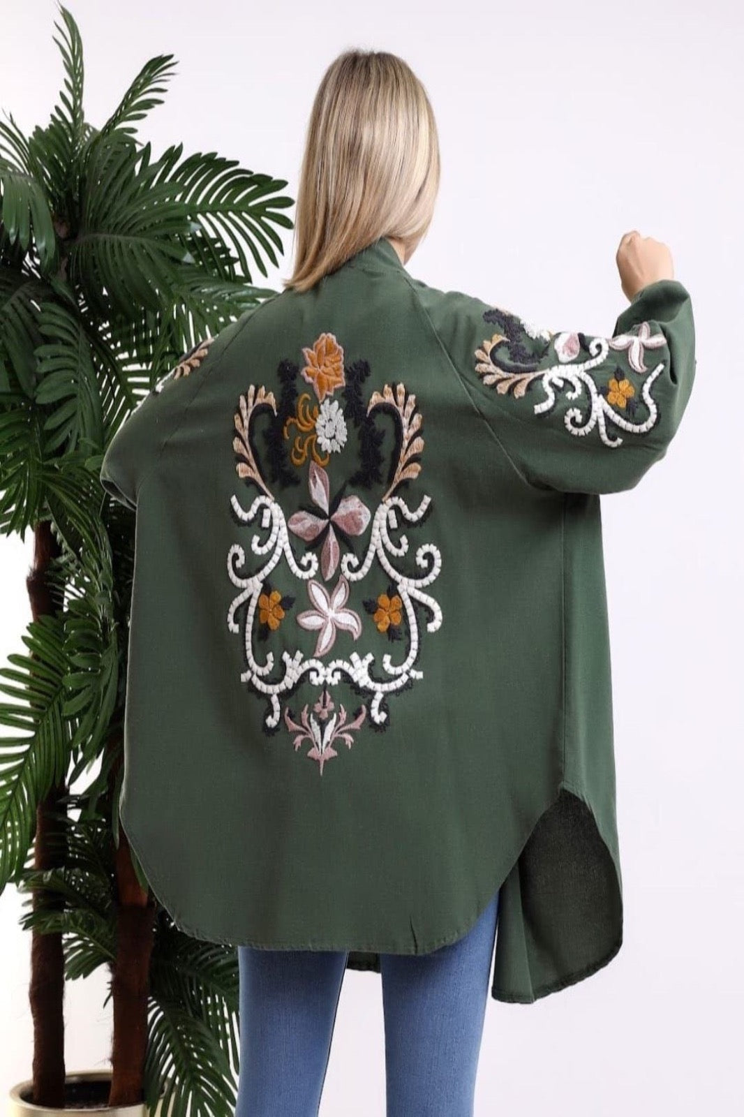 Embroidery Floral Cotton Kimono Khaki