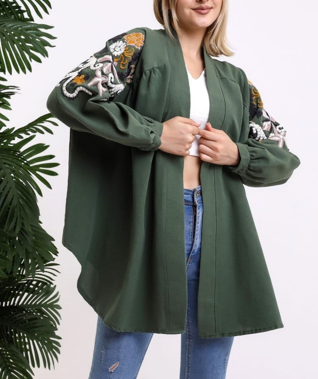 Embroidery Floral Cotton Kimono Khaki