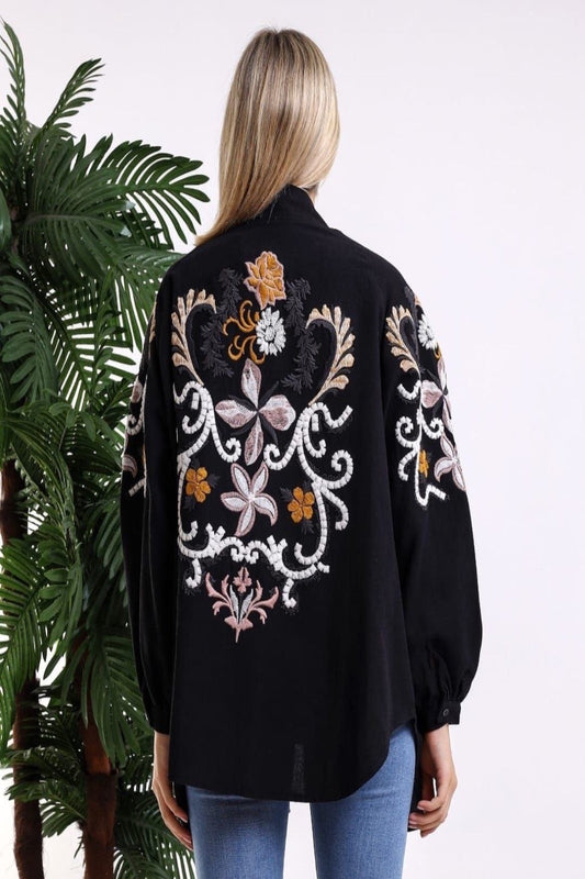 Embroidery Floral Cotton Kimono Black