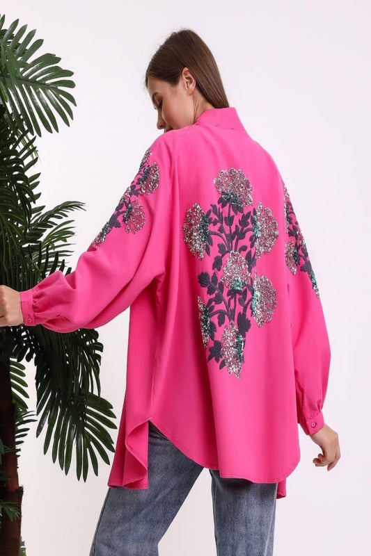 Floral Sequins Cotton Kimono Pink
