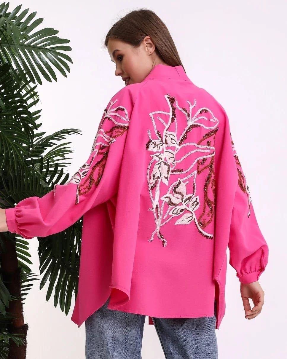 Leaf Embroidered Cotton Kimono Pink