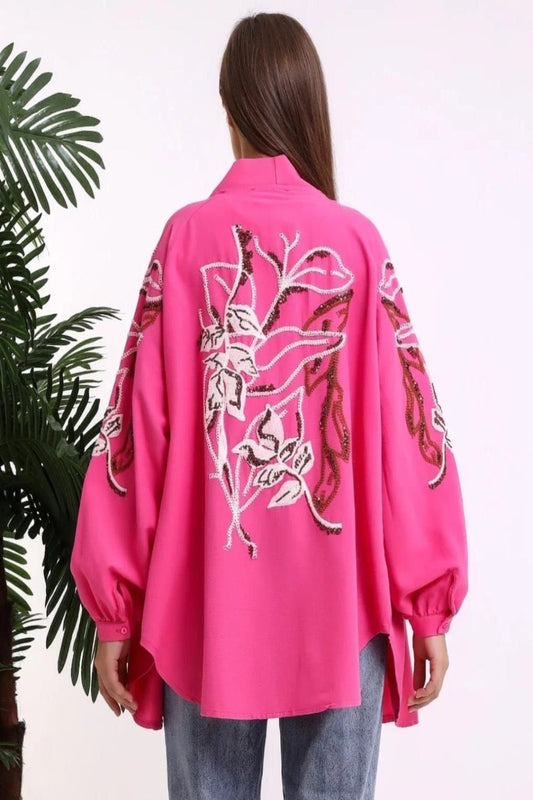 Leaf Embroidered Cotton Kimono Pink