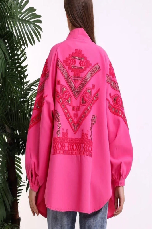 Aztec Embroidered Cotton Kimono Pink