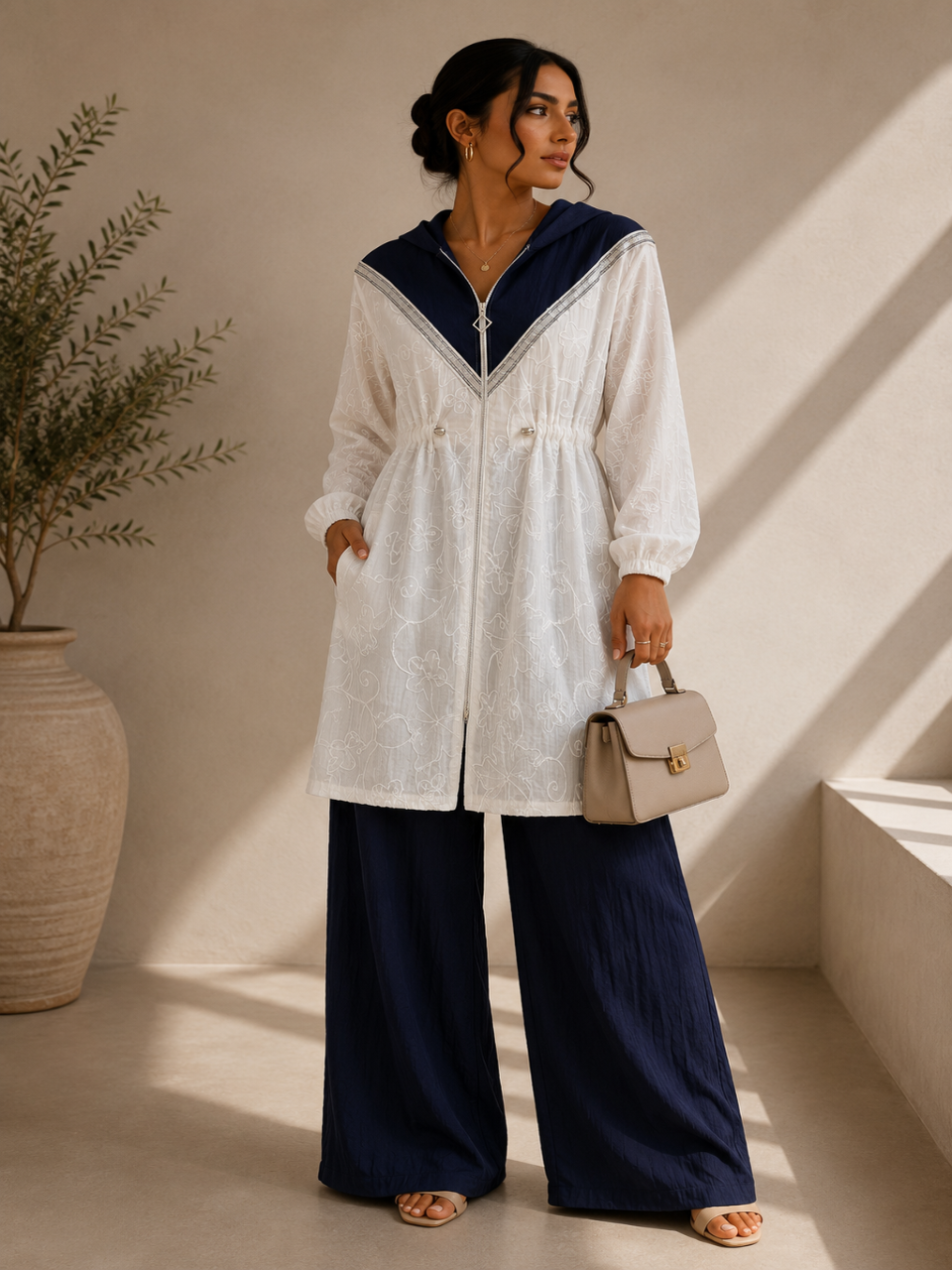 Modest Sporty White and Blue Embroidered Co Ord