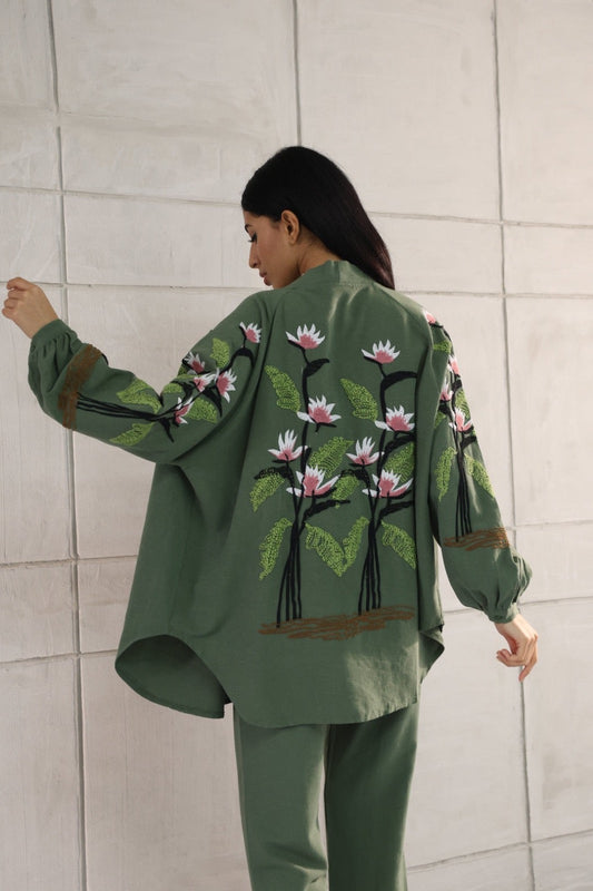 Khaki Floral Stem Design Embroidery Kimono