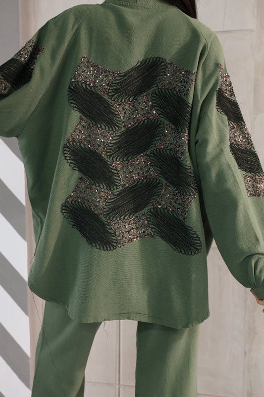 Khaki Sequins Design Embroidery Kimono