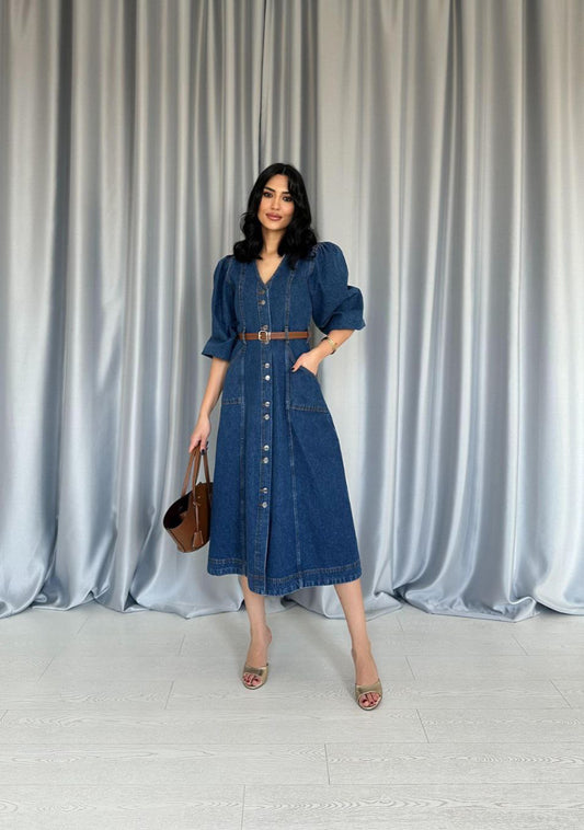 V-Neck Denim Midi Dress